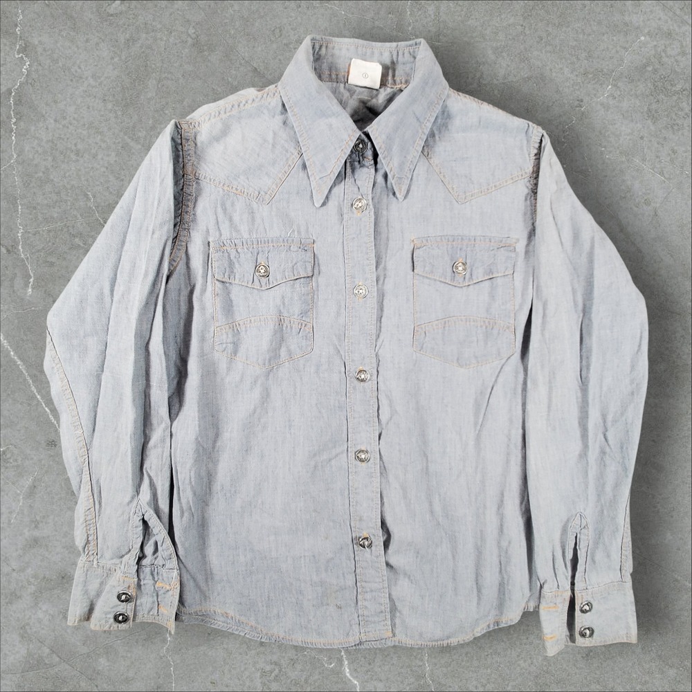Vintage Western Shirt Men 38 Light Blue Chambray Cotton Horse Buttons Sanforized